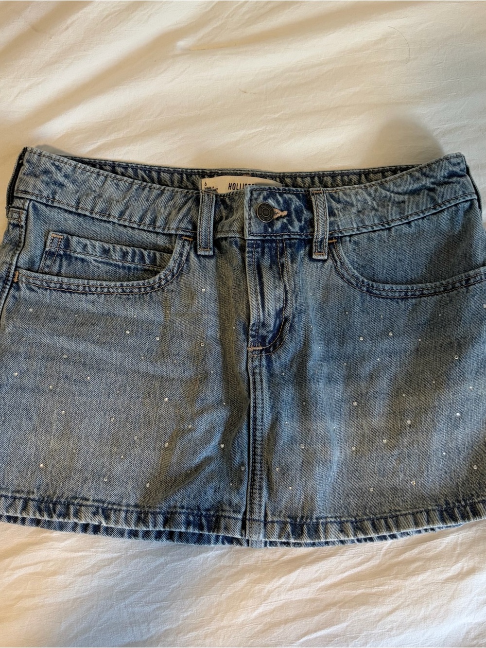 Hollister Light Blue Denim Mini Skirt with Sparkling Studs